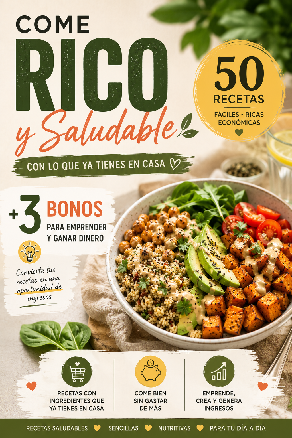 Come Rico y Saludable 50 recetas fáciles, ricas y económicas con lo que ya tienes en casa + 3 boonos para emprender y generar ingresos